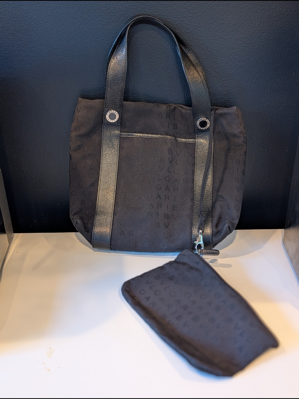 Bvlgari Logomania Black Canvas Leather Tote Bag + Pochette